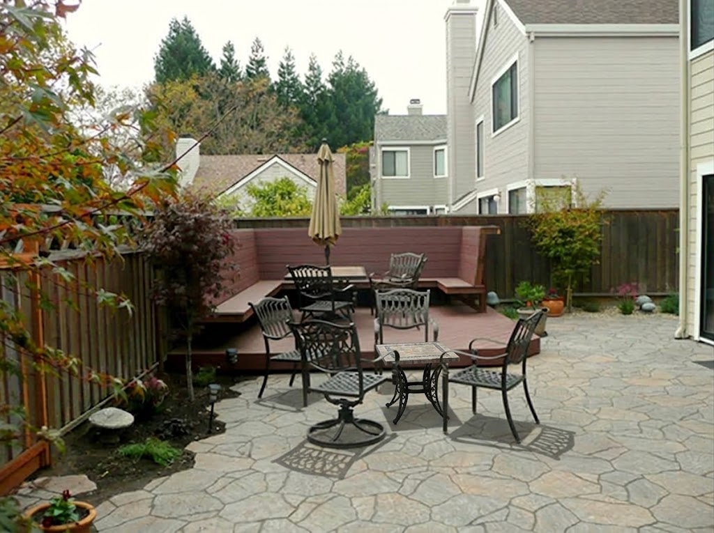 Raised garden deck overlooking mature landscaping