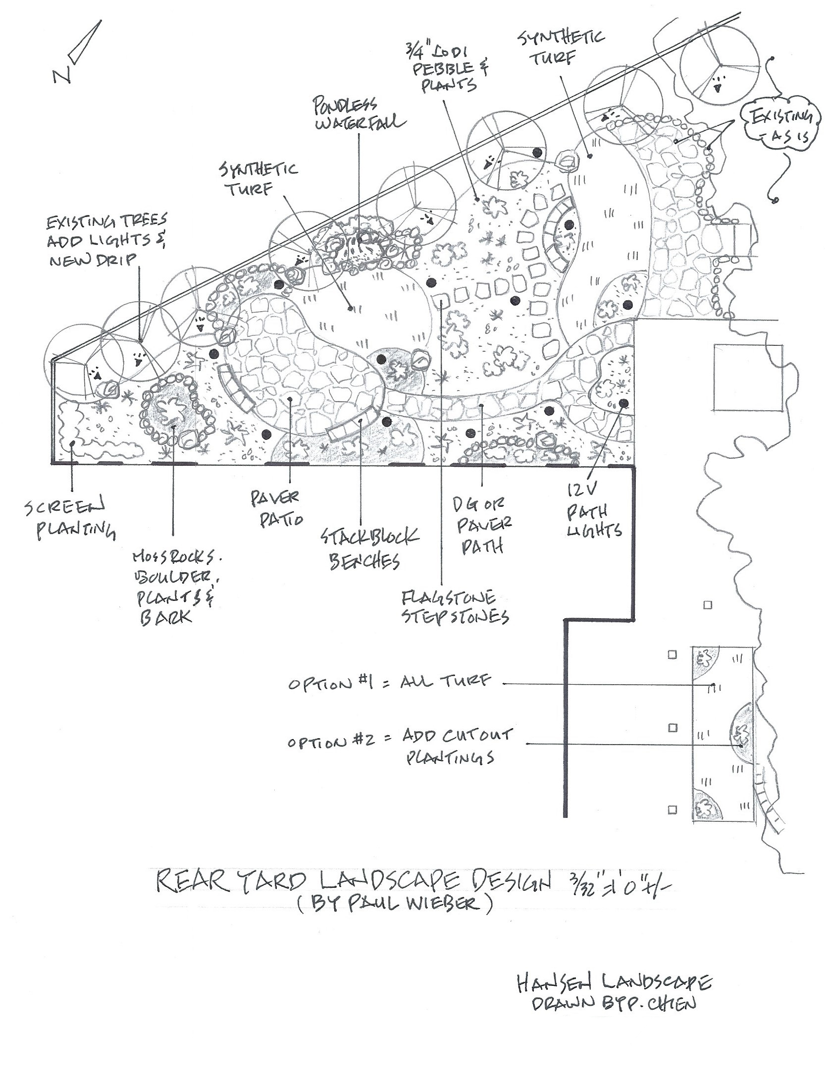 Hand-drawn backyard landscape plan showing a paver patio, pondless waterfall, synthetic turf, curved paths, seating, lighting, and planting