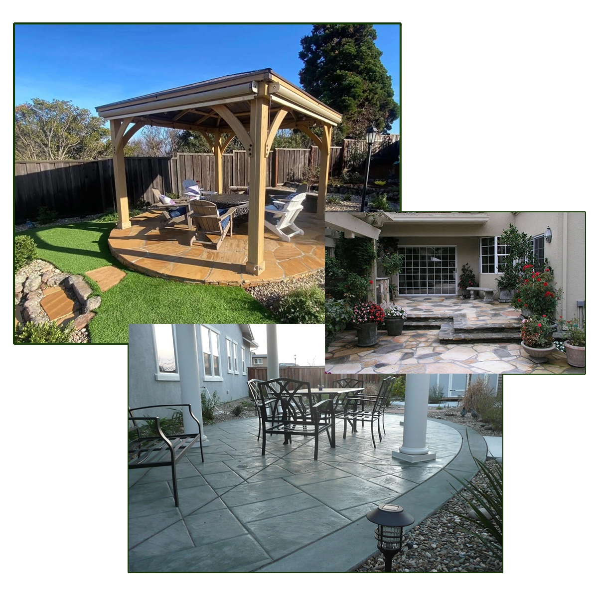 Examples of stamped concrete patios, paths, and hardscape installations