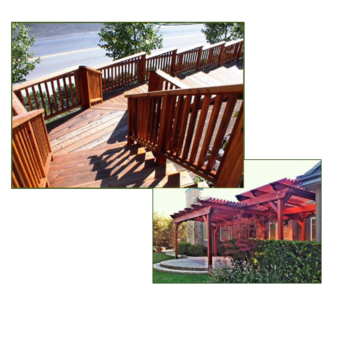 Examples of custom decks, arbors, and covered outdoor living spaces