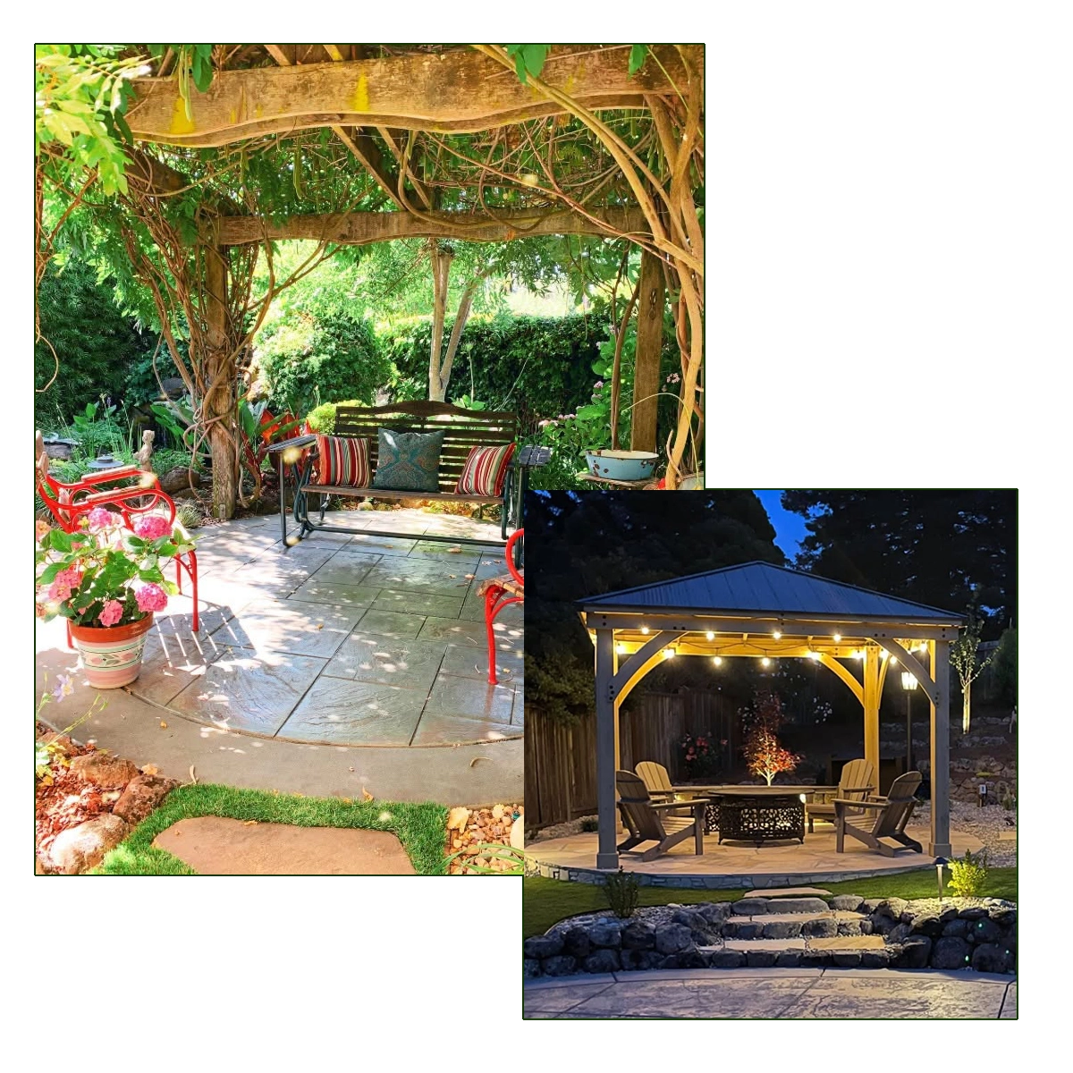 Examples of landscape lighting illuminating trees, pathways, and outdoor living spaces