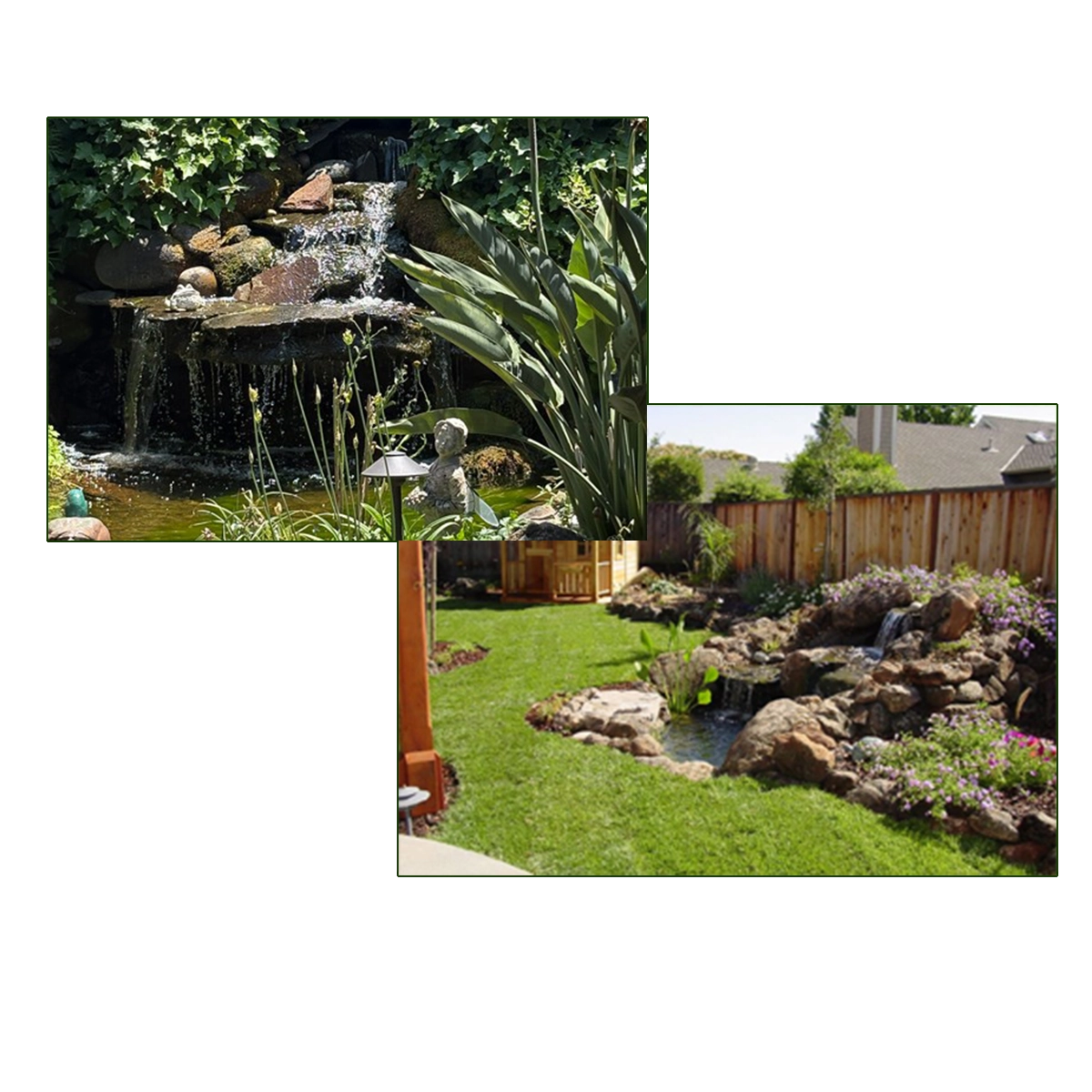 Examples of landscaped ponds, waterfalls, boulders, and aquatic plants